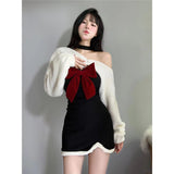 Flytonn-y2k outfits Christmas Spicy Girl Two Piece Set Women Outfits Autumn/Winter Plush Cardigan+Black Strapless Dress Bow Slim Mini Dress Set