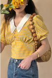 Flytonn-back to school outfits Yellow Plaid Puff Sleeve Retro Shirt-spring outfits