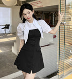 Flytonn-y2k outfits Summer Fashion High end Contrast Shirt Splicing Suit Dress for Women Single breasted Design Waist Slimming A-line Short Dress