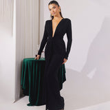 Flytonn Autumn Maxi Evening Dress Sexy Green Plung V Neck Dress Long Sleeve Glitter Ruched Wedding Guest Party Dresses Women-nye outfits