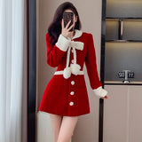 Flytonn-y2k outfits Winter Women Clothing Small Fragrant Style Elegant Red New Year's Robe  Bow Long Sleeve Slimming A-line Short Dress for Women