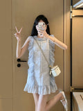 Flytonn-y2k outfits Summer New Fashion Splicing Lace Small Fragrant Style Stripe Dress High end Sleeveless Doll Neck Slim Short Dress for Women