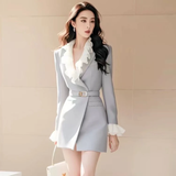 Flytonn-y2k outfits Autumn Women Dress Formal Occasion High end French Style Long sleeved Spliced Ruffle Waist Slimming Short Suit Dress for Women