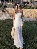 Flytonn Fashion Strapless Dress With Ribbon Female Elegant Sleeveless Mesh Beach Vacation Long Dress 2025 Spring New Women Dress