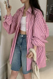 Flytonn-back to school outfits Long Sleeve Pink Striped Casual Blouse Shirt-spring outfits