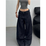 Flytonn-2024 Autumn Women's Casual Blue Harajuku Jeans Vintage Solid Loose Washed Pants Retro Y2K Wide Leg Punk Baggy Denim Trouser