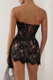 Flytonn-nye outfits Sexy Sweetheart Neck Ruched Draped Corset Lace Prom Party Mini Dress - Black