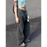 Flytonn-Grey Womens Jeans High Waist Vintage Straight Autumn Y2K Classic Denim Pants Streetwear American Wide Leg Baggy Denim Trouser