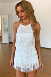 Flytonn-nye outfits Swing Fringe Halter Neck Backless Flapper Mini Romper Dress - White