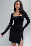 Flytonn-nye outfits French Style Square Neck Long Sleeve Split Bodycon Party Mini Dress - Black