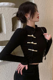 Flytonn-back to school outfits Long Sleeve Chinese Collar Style Cropped Slim Shirt-spring outfits