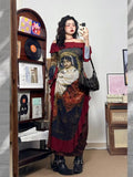 Flytonn-y2k outfits Sexy Off Shoulder Unique Printed Design Long Sleeve Dress for Women Early Spring New Retro Oil Painting Slimming Long Dress