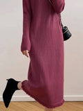 Flytonn-Black Friday Sale - Long Sleeves Loose Fringed Solid Color Mock Neck Midi Dresses Sweater Dresses