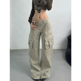 Flytonn-Multiple Pockets Jeans Women Y2K Hip Hop Vintage High Waisted Jeans Straight Streetwear Loose Large Size Wide Leg Denim Pants