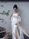 Flytonn-y2k outfits New Chinese Morning Robe Bridal Wedding and Toast White Dress One Shoulder High end Luxury French Strapless Long Dress for Women