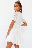 Flytonn-nye outfits Sweet Broderie Anglaise V Neck Mini Babydoll Dress - White-back to school outfits Christmas  Outfits Thanksgiving Gift New Year's Eve