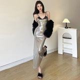 Flytonn-y2k outfits Spicy Girl Style Silver Slip Dress Sexy Split Slimming Long Dresses for Women with Sequin Decoration Versatile Strap Tank Top