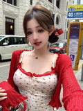 Flytonn-y2k outfits Bow Fragmented Flower Slip Dress Summer Lace Spliced Slim Sweet Spicy Girl Wrap Hip Short Dress Women Red Cardigan Two Piece