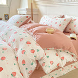 Flytonn-2025 Spring Bedding Set Cute Strawberry Duvet Cover Set Floral Style with Flat Sheet Pillowcase No filler Queen Double Girls Boys Home Decor Bed Linens