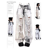 Flytonn-Vintage Women White Jeans Worn-out Y2K High Waist American Streetwear Wide Leg Pants Fashion Straight 2023 Summer Female Trouser