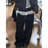 Flytonn-Spring Women Cargo Harajuku Lace Spliced Jeans Y2K Wide Leg Baggy Punk Denim Trouser Vintage 90s Aesthetic Emo Loose Washed Pant