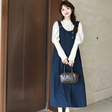 Flytonn-y2k outfits Autumn/Winter Fashion Academy Style Sweet Navy Blue Woolen Vest Dress for Women+White Lace Shirt Two-piece Set Women Outfits