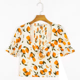 Flytonn-BACK TO SCHOOL OUTFIT Women Blouses Summer Beach Style Vacation Lemon Print Casual Blouse 2025 Clothes Sweetheart Neck Tie Bow Short Puff Sleeve Top