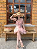 Flytonn-y2k outfits French Sweet Countryside Style Gentle 3D Rose Fold Design Printed Long Dresses Summer High Waist Slim Suspended Dress for Women