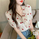 Flytonn-back to school outfits Puff Sleeve Rose Pattern Office Blouse Shirt-spring outfits