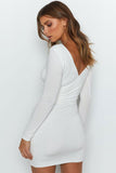 Flytonn-nye outfits Cozy Long Sleeve V Neck Ruched Bodycon Mini Dress - White-back to school outfits Christmas  Outfits Thanksgiving Gift New Year's Eve