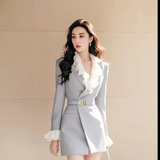 Flytonn-y2k outfits Autumn Women Dress Formal Occasion High end French Style Long sleeved Spliced Ruffle Waist Slimming Short Suit Dress for Women