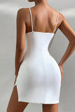 Flytonn-nye outfits Sexy Cowl Neck Ruched Bodycon Cami Split Sleeveless Party Mini Dress - White