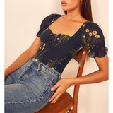 Flytonn-BACK TO SCHOOL OUTFIT Short Puff Sleeve Vintage Floral Print Top Sweetheart Neck Tie Bow Elegant Blouses Women Casual 2025 Summer Tops Chiffon Blouse