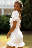 Flytonn-nye outfits Ruffle Puff Sleeve Tie Front Eyelet Little White Dress - White-back to school outfits Christmas  Outfits Thanksgiving Gift New Year's Eve