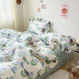 Flytonn-2025 Spring Bedding Set Cute Floral Duvet Cover Set Ins Korean Style with Flat Sheet Pillowcase No filler Washed Cotton Queen Double Home Bed Linens