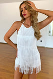 Flytonn-nye outfits Swing Fringe Halter Neck Backless Flapper Mini Romper Dress - White