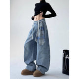 Flytonn-Women Blue Jeans Sense design Vintage High Waisted Straight Denim Trouser Y2K American Streetwear Wide Leg Basics Denim Pants