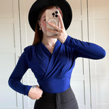 TRAUXY Cross-Neck Slim Long Sleeve Crop Top For Women Elegant Ruched Solid T shirt Autumn Fashion Versatile Female Pullovers