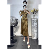 Flytonn-y2k outfits Summer French Style V-neck Gold Acetate Satin Maxi Dress for Women High end Elegant Lace up Slimming Formal Evening Dresses