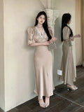 Flytonn-y2k outfits Summer Short Sleeve Lace Satin V-neck Sexy Maxi Dress French High end Elegant Waist Slimming Wrap Hip Evening Dress for Women