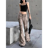 Flytonn-2024 Autumn Women's Casual Khaki Harajuku Jeans Vintage Korean Emo Loose Washed Pants Y2K Wide Leg Punk Sexy Denim Trouser