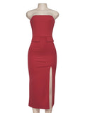 Flytonn Red Stapless High Slit Dress For Women Pockets Sleeveless Sexy Long Dress Slim High Waist Evening Party Dress Elegant