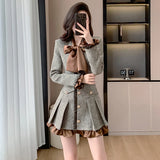 Flytonn-y2k outfits French Light Luxury High end Tweed Dress for Women Autumn/Winter New Splicing Fake Two Piece Bow Slimming Pleated Short Dress