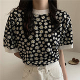 Flytonn-back to school outfits Puff Sleeve Daisy Pattern O-Neck Knitted Shirt-spring outfits