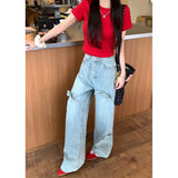 Flytonn-Women Blue Cargo Bow Jeans Y2k 90s Aesthetic Baggy Denim Trouser Harajuku High Waist Wide Cowboy Pants Trashy 2000s Clothes