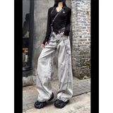 Flytonn-Grey High Waist Women Jeans Hip-hop Spliced Fashion Vintage Streetwear Y2K Wide Leg Jean 2024 Female Trouser Baggy Denim Pants