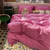 Flytonn-2025 Spring Bedding Set Cute Korean Style Duvet Cover Set No Filler Green Pink Mix Color Flat Sheet Pillowcases Polyester Twin Queen Size Bed Linens