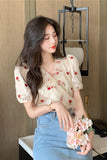 Flytonn-back to school outfits Puff Sleeve Rose Pattern Office Blouse Shirt-spring outfits