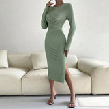 Flytonn-Black Friday Sale - Women's Elegant Long Sleeve Round Neck Slim Fit Midi Dress