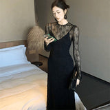 Flytonn-y2k outfits French Style High end Exquisite Black Slip Dress Women Summer Fashion Lace Hollow Bottomming Shirt Long Dress Set Two Piece Set